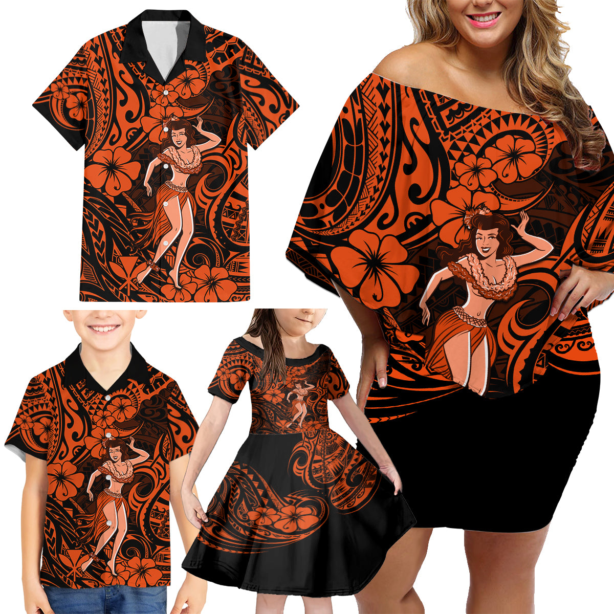 Hawaii Hula Girl Family Matching Off Shoulder Short Dress and Hawaiian Shirt Polynesian Pattern Orange Version - Wonder Print Shop