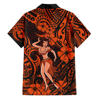 Hawaii Hula Girl Family Matching Off Shoulder Short Dress and Hawaiian Shirt Polynesian Pattern Orange Version - Wonder Print Shop