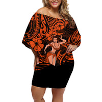 Hawaii Hula Girl Family Matching Off Shoulder Short Dress and Hawaiian Shirt Polynesian Pattern Orange Version - Wonder Print Shop