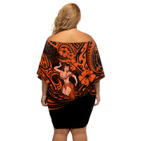 Hawaii Hula Girl Family Matching Off Shoulder Short Dress and Hawaiian Shirt Polynesian Pattern Orange Version - Wonder Print Shop