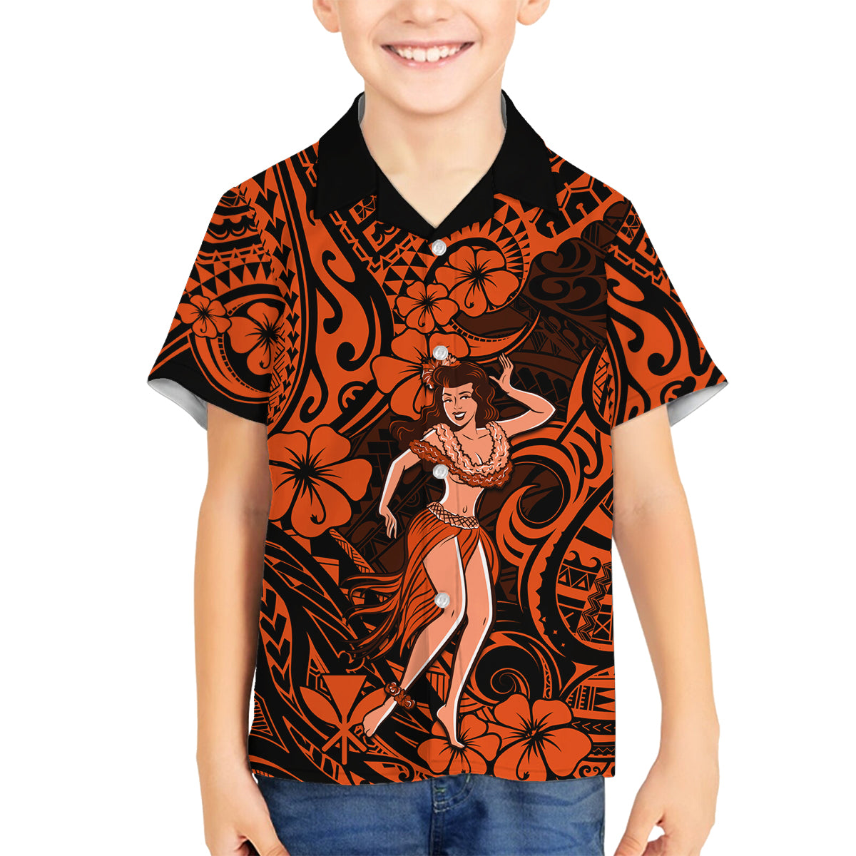 Hawaii Hula Girl Family Matching Off Shoulder Short Dress and Hawaiian Shirt Polynesian Pattern Orange Version - Wonder Print Shop
