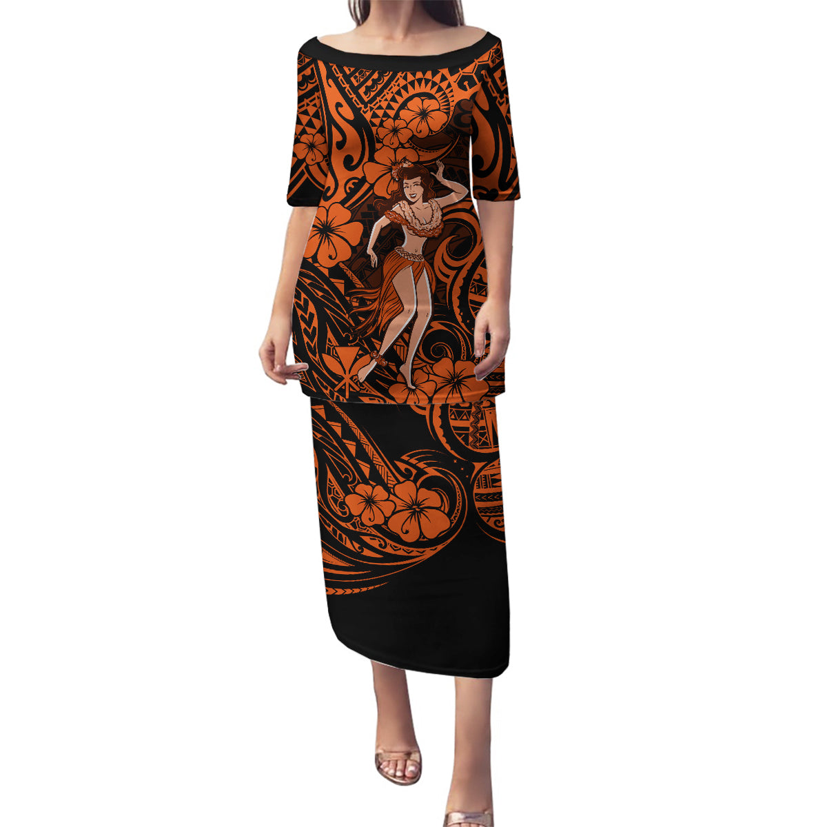 Hawaii Hula Girl Family Matching Puletasi Dress and Hawaiian Shirt Polynesian Pattern Orange Version - Wonder Print Shop