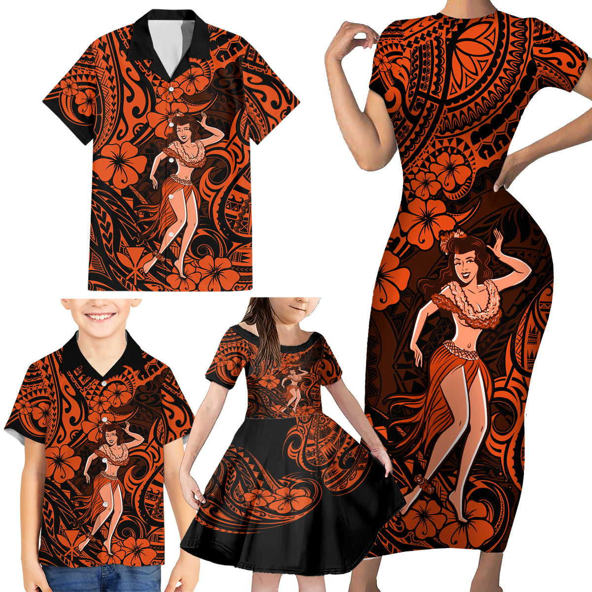 Hawaii Hula Girl Family Matching Short Sleeve Bodycon Dress and Hawaiian Shirt Polynesian Pattern Orange Version - Wonder Print Shop