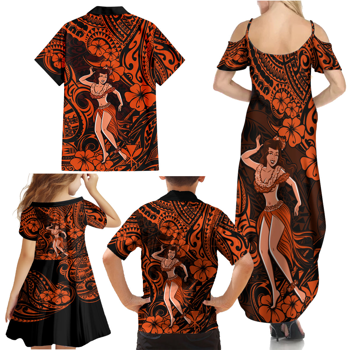 Hawaii Hula Girl Family Matching Summer Maxi Dress and Hawaiian Shirt Polynesian Pattern Orange Version - Wonder Print Shop