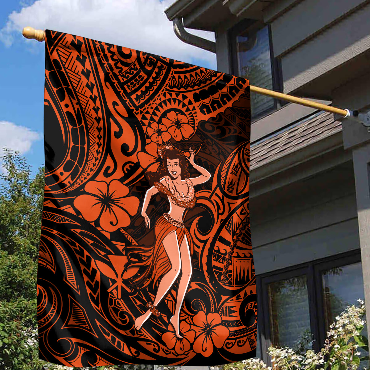 Hawaii Hula Girl Garden Flag Polynesian Pattern Orange Version - Wonder Print Shop