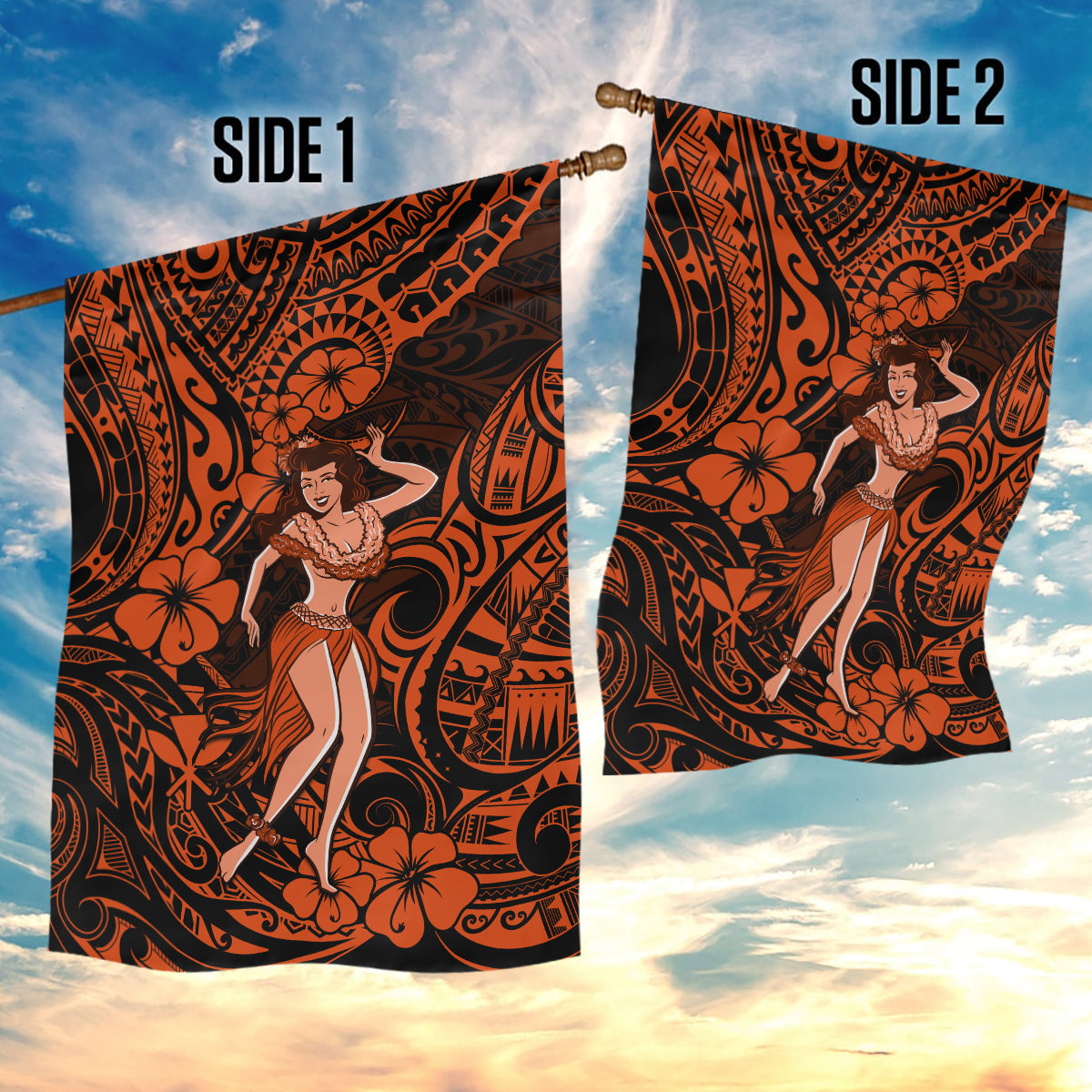 Hawaii Hula Girl Garden Flag Polynesian Pattern Orange Version - Wonder Print Shop