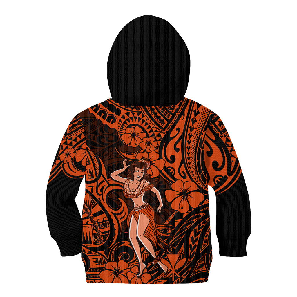 Hawaii Hula Girl Kid Hoodie Polynesian Pattern Orange Version - Wonder Print Shop