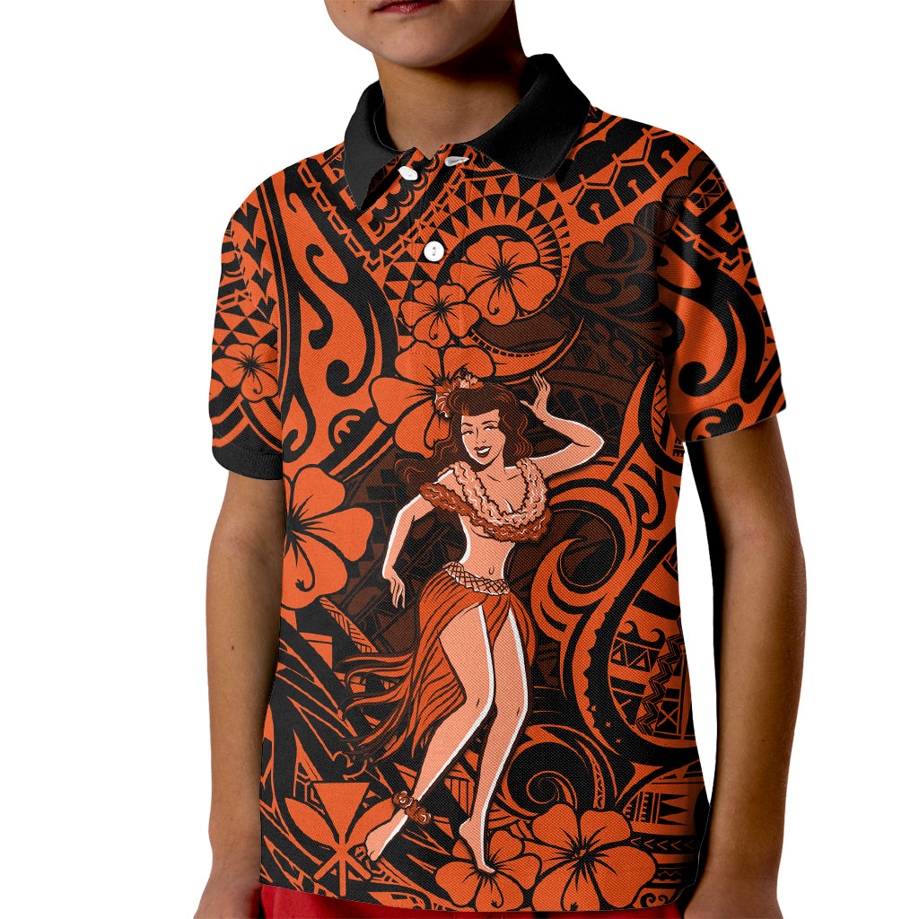Hawaii Hula Girl Kid Polo Shirt Polynesian Pattern Orange Version - Wonder Print Shop