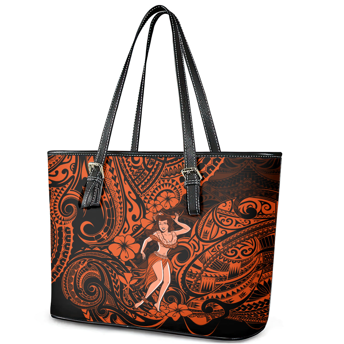 Hawaii Hula Girl Leather Tote Bag Polynesian Pattern Orange Version - Wonder Print Shop