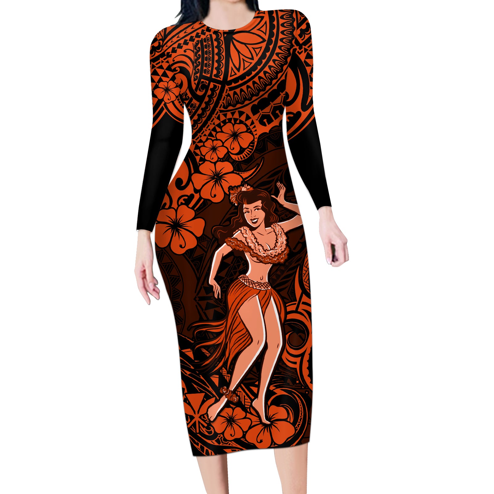 Hawaii Hula Girl Long Sleeve Bodycon Dress Polynesian Pattern Orange Version - Wonder Print Shop