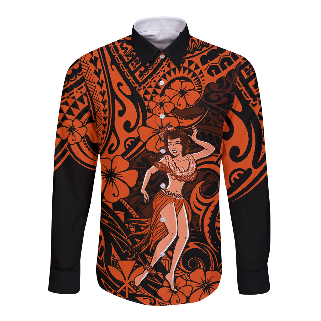 Hawaii Hula Girl Long Sleeve Button Shirt Polynesian Pattern Orange Version - Wonder Print Shop