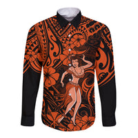 Hawaii Hula Girl Long Sleeve Button Shirt Polynesian Pattern Orange Version - Wonder Print Shop