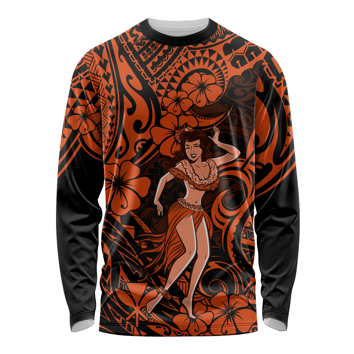 Hawaii Hula Girl Long Sleeve Shirt Polynesian Pattern Orange Version - Wonder Print Shop