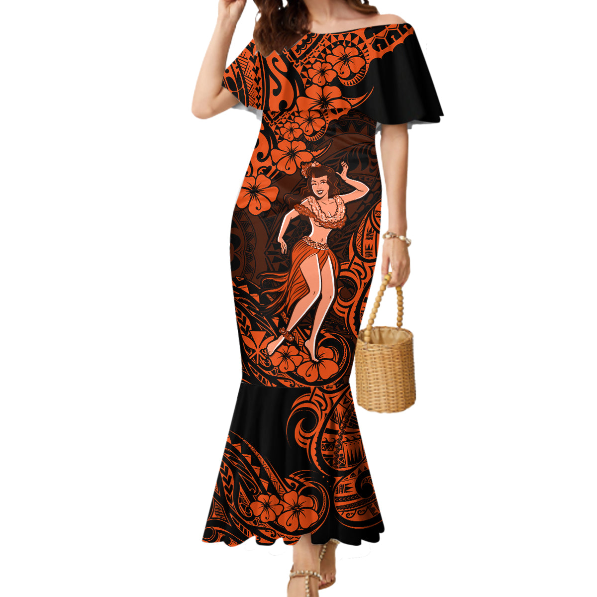 Hawaii Hula Girl Mermaid Dress Polynesian Pattern Orange Version - Wonder Print Shop