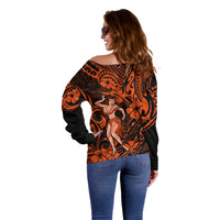 Hawaii Hula Girl Off Shoulder Sweater Polynesian Pattern Orange Version - Wonder Print Shop