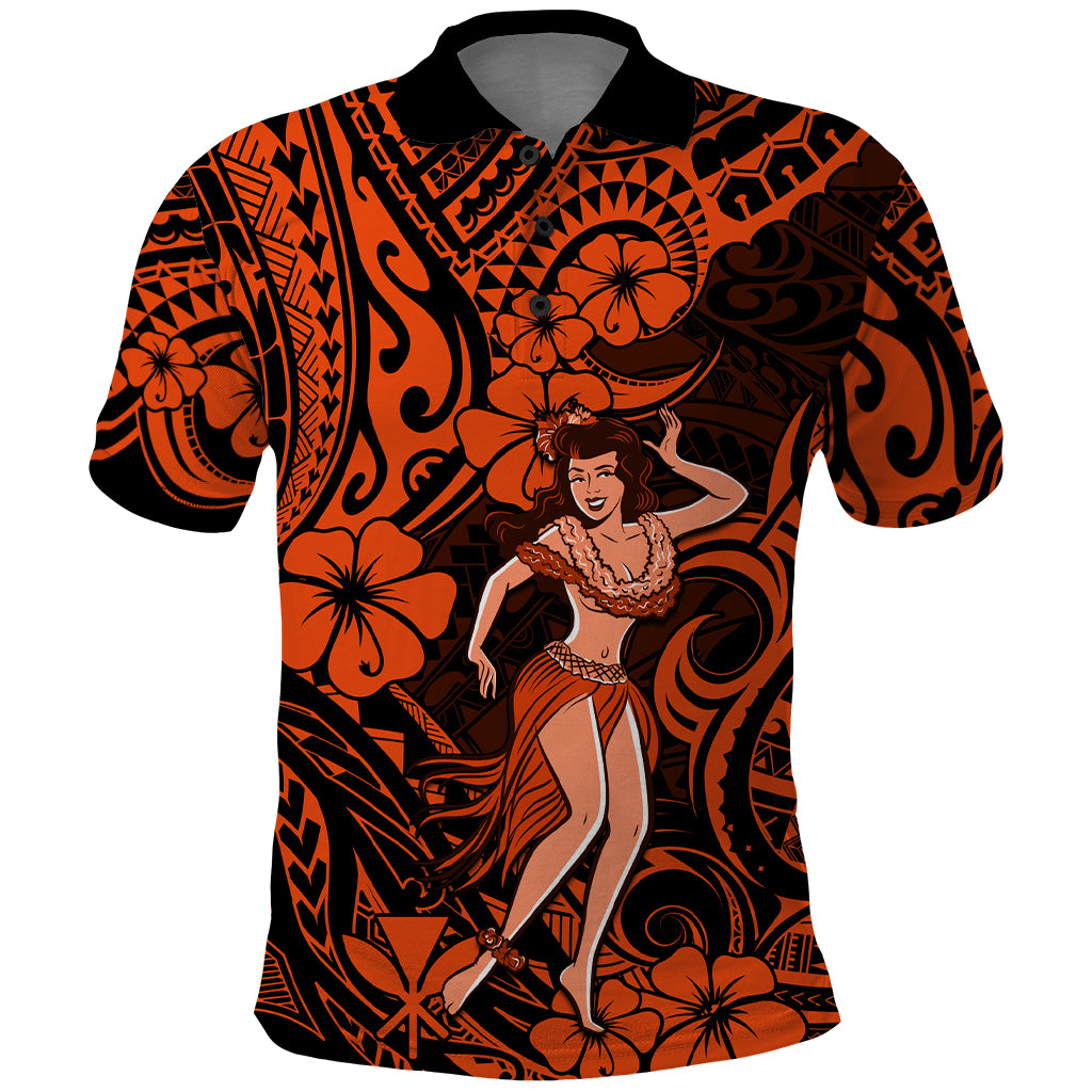 Hawaii Hula Girl Polo Shirt Polynesian Pattern Orange Version - Wonder Print Shop
