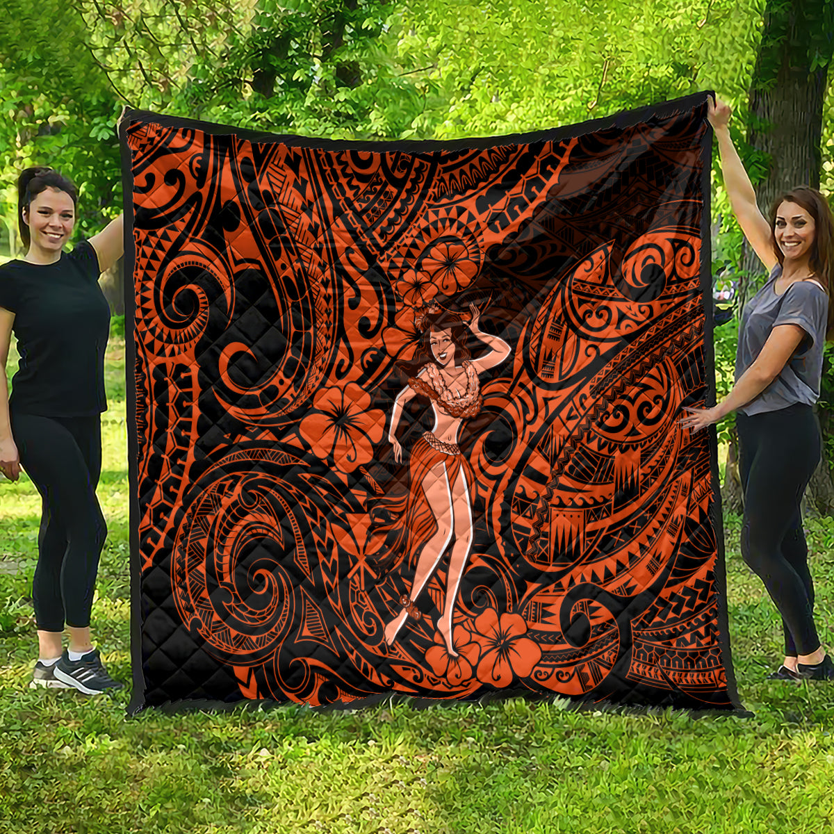Hawaii Hula Girl Quilt Polynesian Pattern Orange Version - Wonder Print Shop