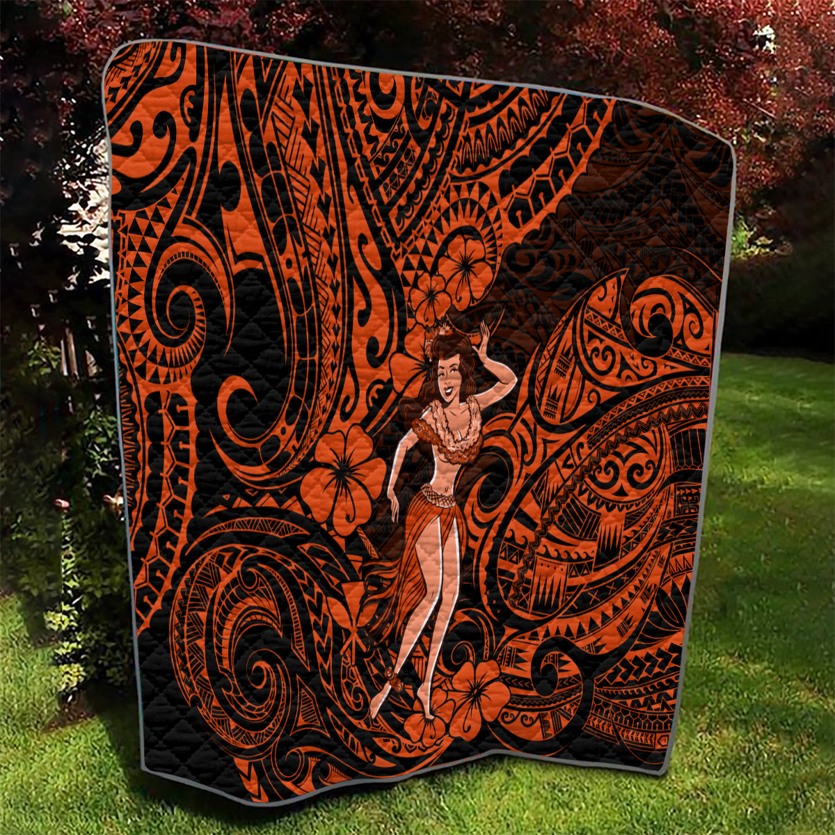 Hawaii Hula Girl Quilt Polynesian Pattern Orange Version - Wonder Print Shop