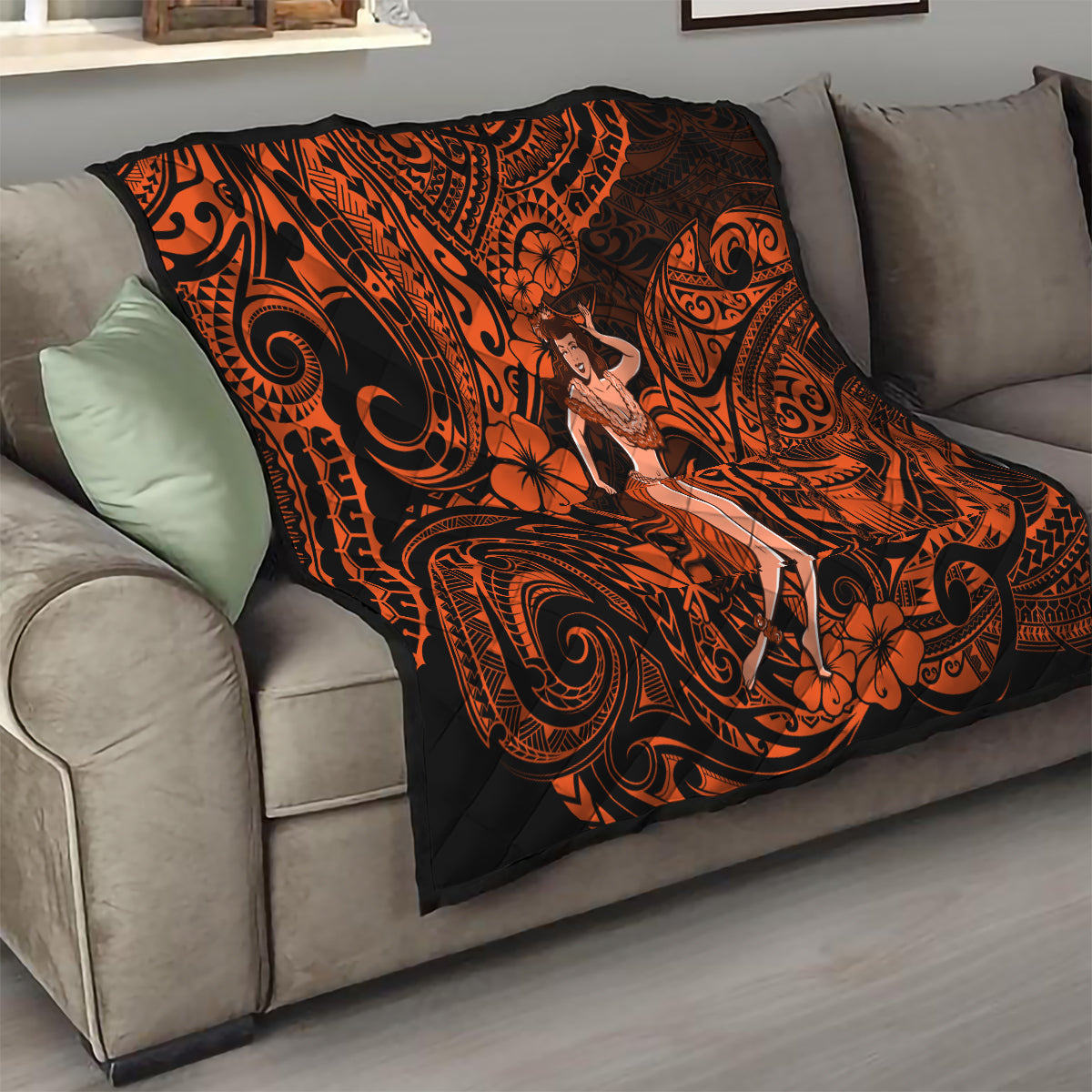 Hawaii Hula Girl Quilt Polynesian Pattern Orange Version - Wonder Print Shop
