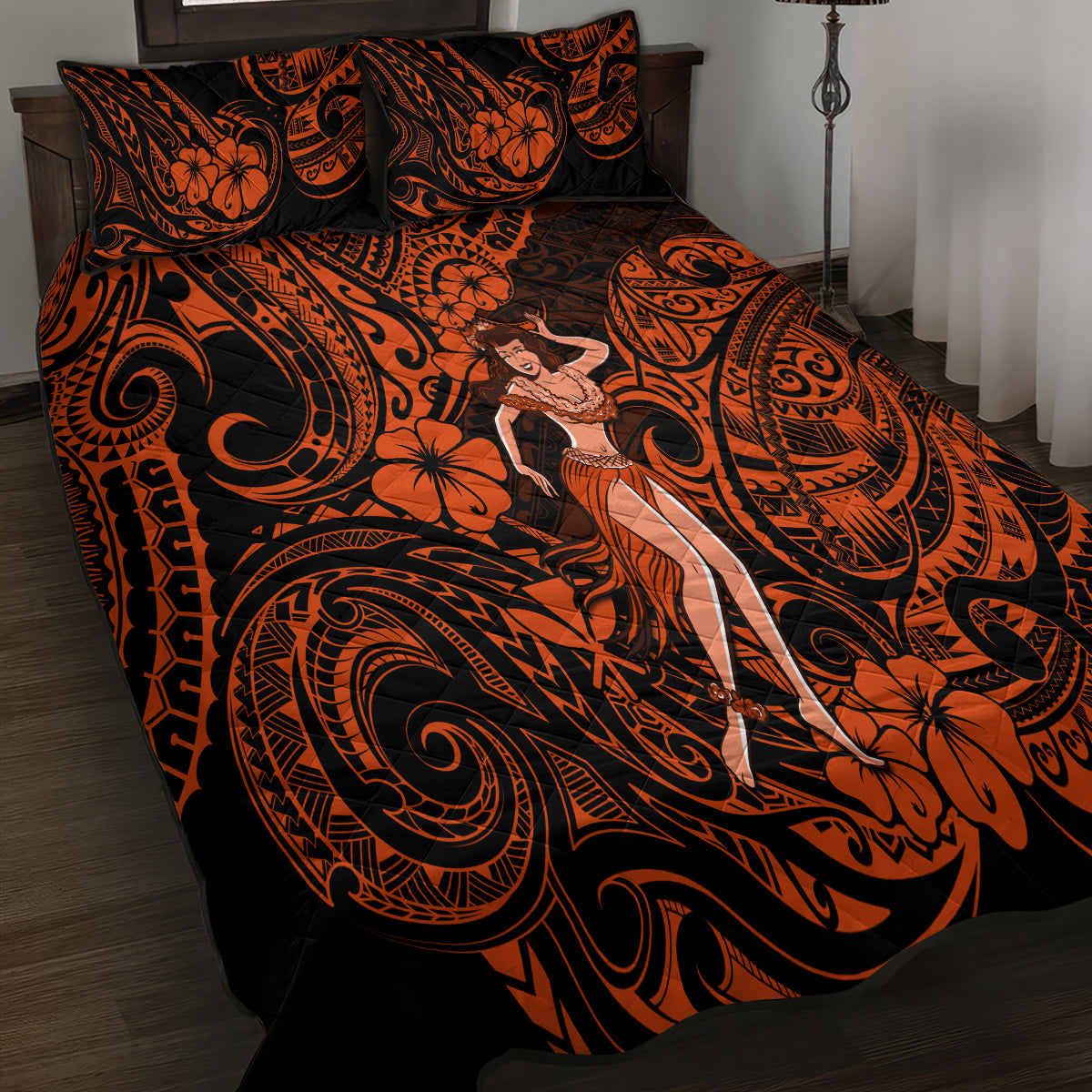 Hawaii Hula Girl Quilt Bed Set Polynesian Pattern Orange Version - Wonder Print Shop