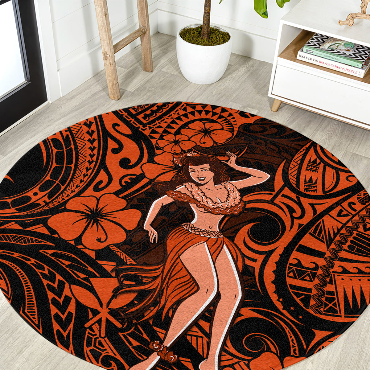 hawaii-hula-girl-round-carpet-polynesian-pattern-orange-version