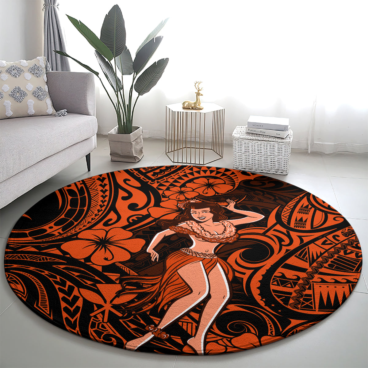 hawaii-hula-girl-round-carpet-polynesian-pattern-orange-version