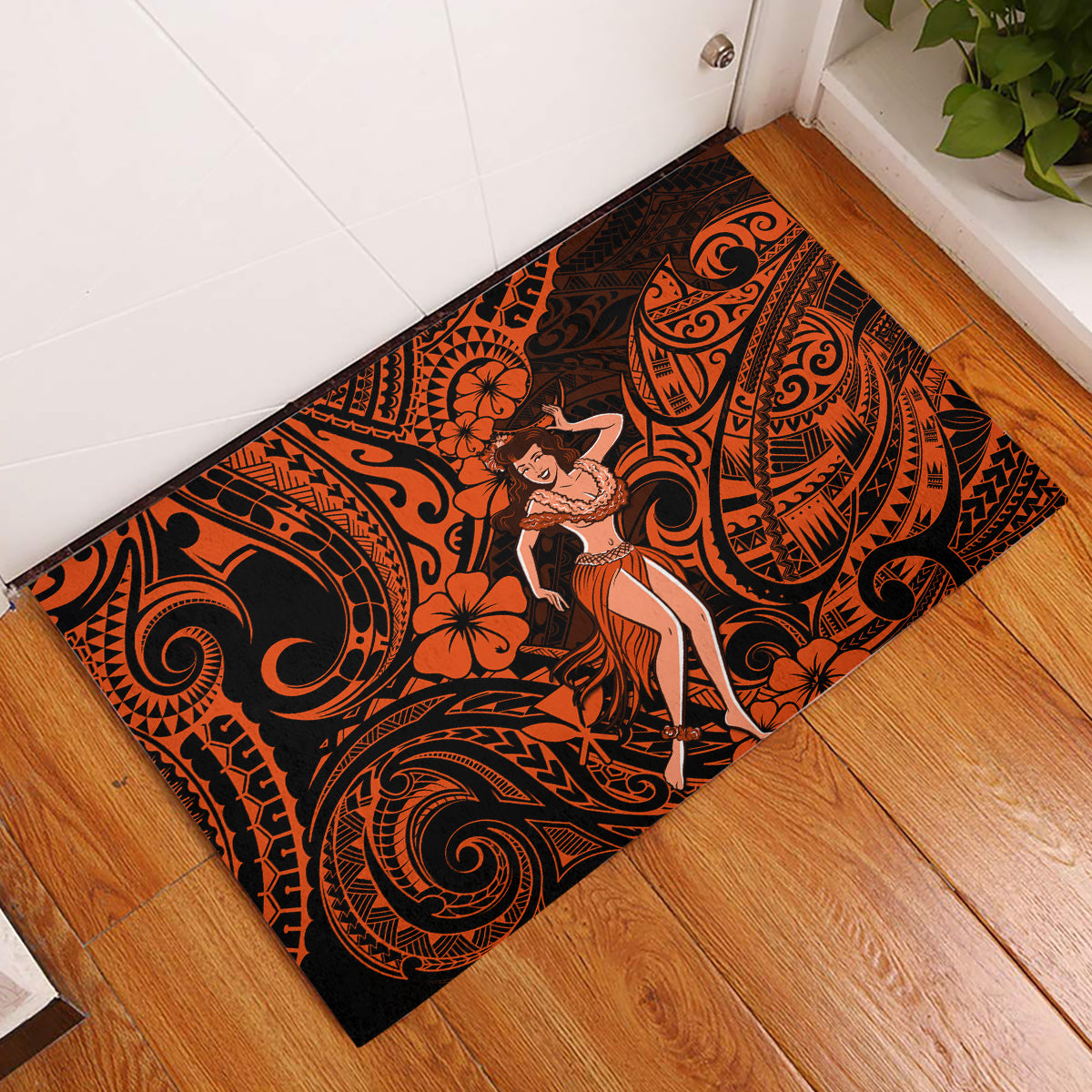 Hawaii Hula Girl Rubber Doormat Polynesian Pattern Orange Version - Wonder Print Shop