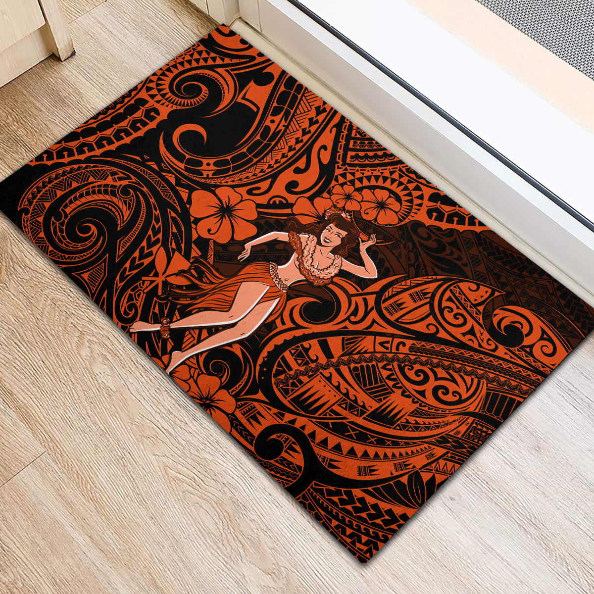 Hawaii Hula Girl Rubber Doormat Polynesian Pattern Orange Version - Wonder Print Shop