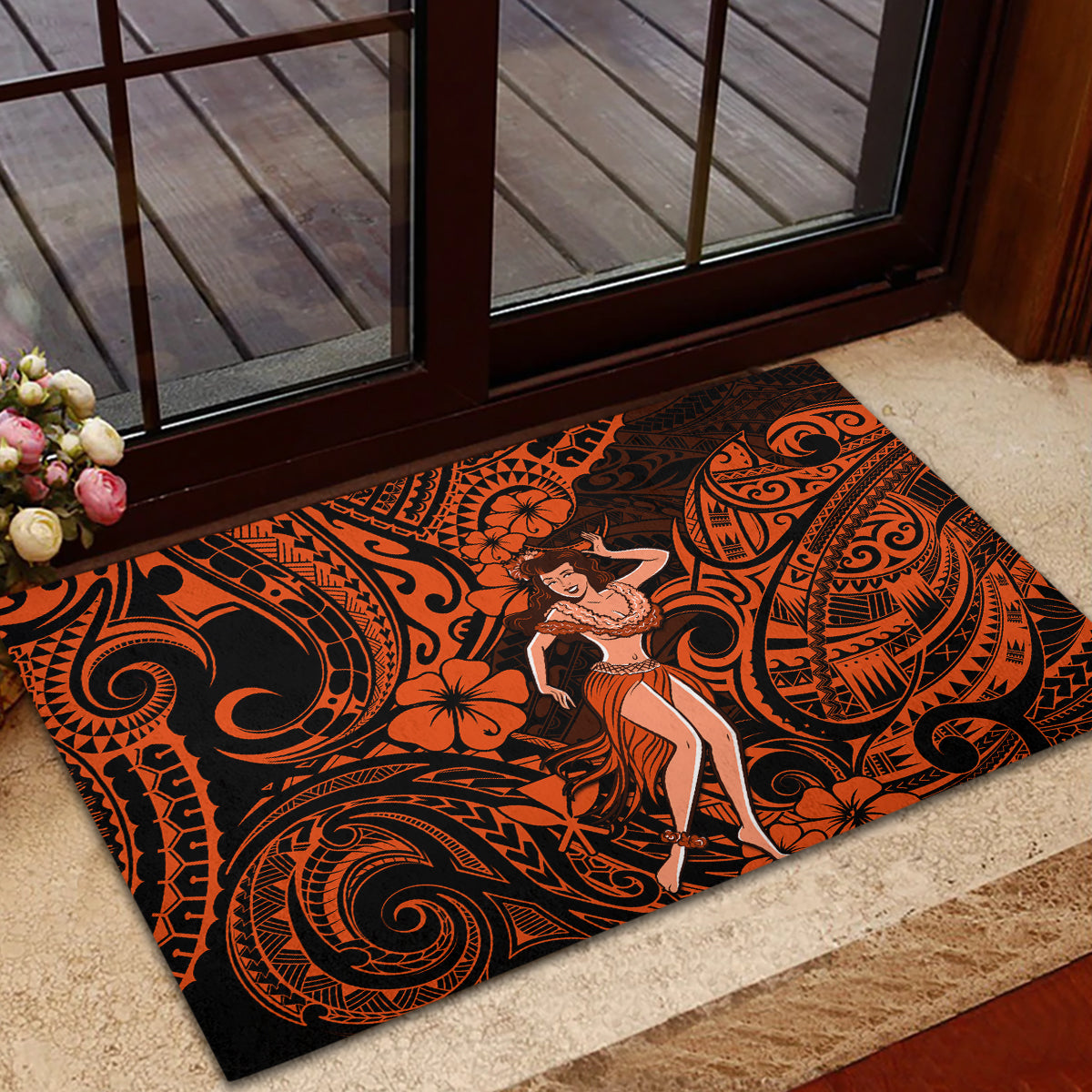 Hawaii Hula Girl Rubber Doormat Polynesian Pattern Orange Version - Wonder Print Shop