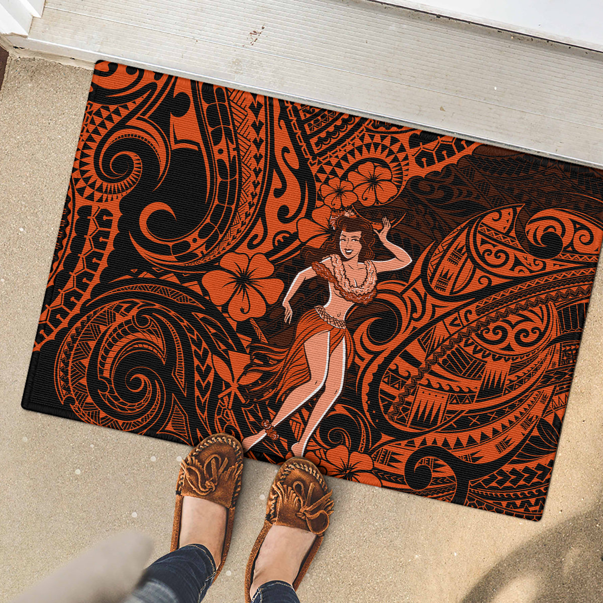 Hawaii Hula Girl Rubber Doormat Polynesian Pattern Orange Version - Wonder Print Shop
