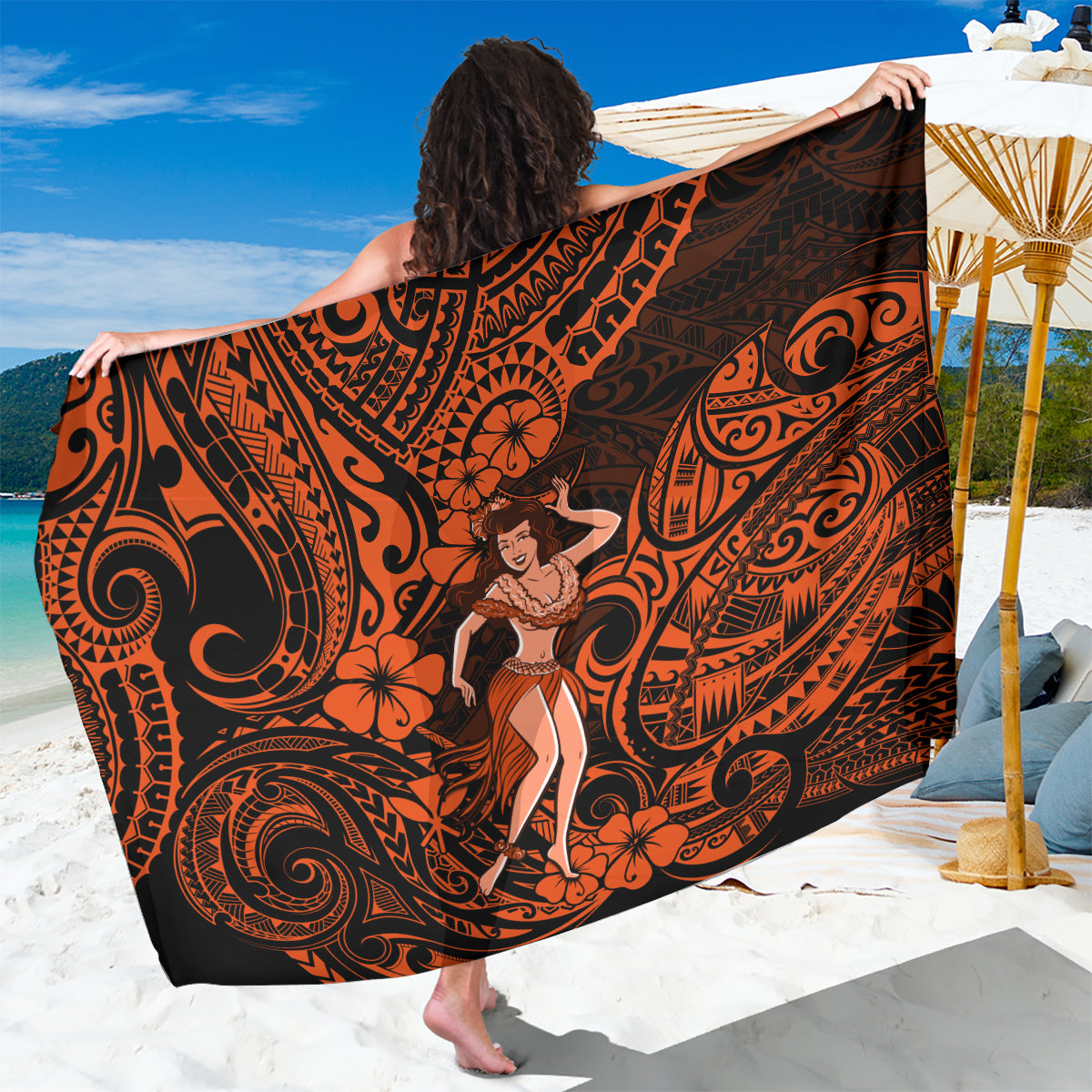 Hawaii Hula Girl Sarong Polynesian Pattern Orange Version - Wonder Print Shop