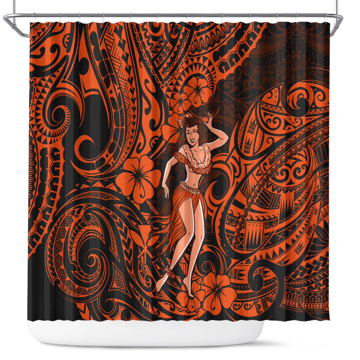 hawaii-hula-girl-shower-curtain-polynesian-pattern-orange-version