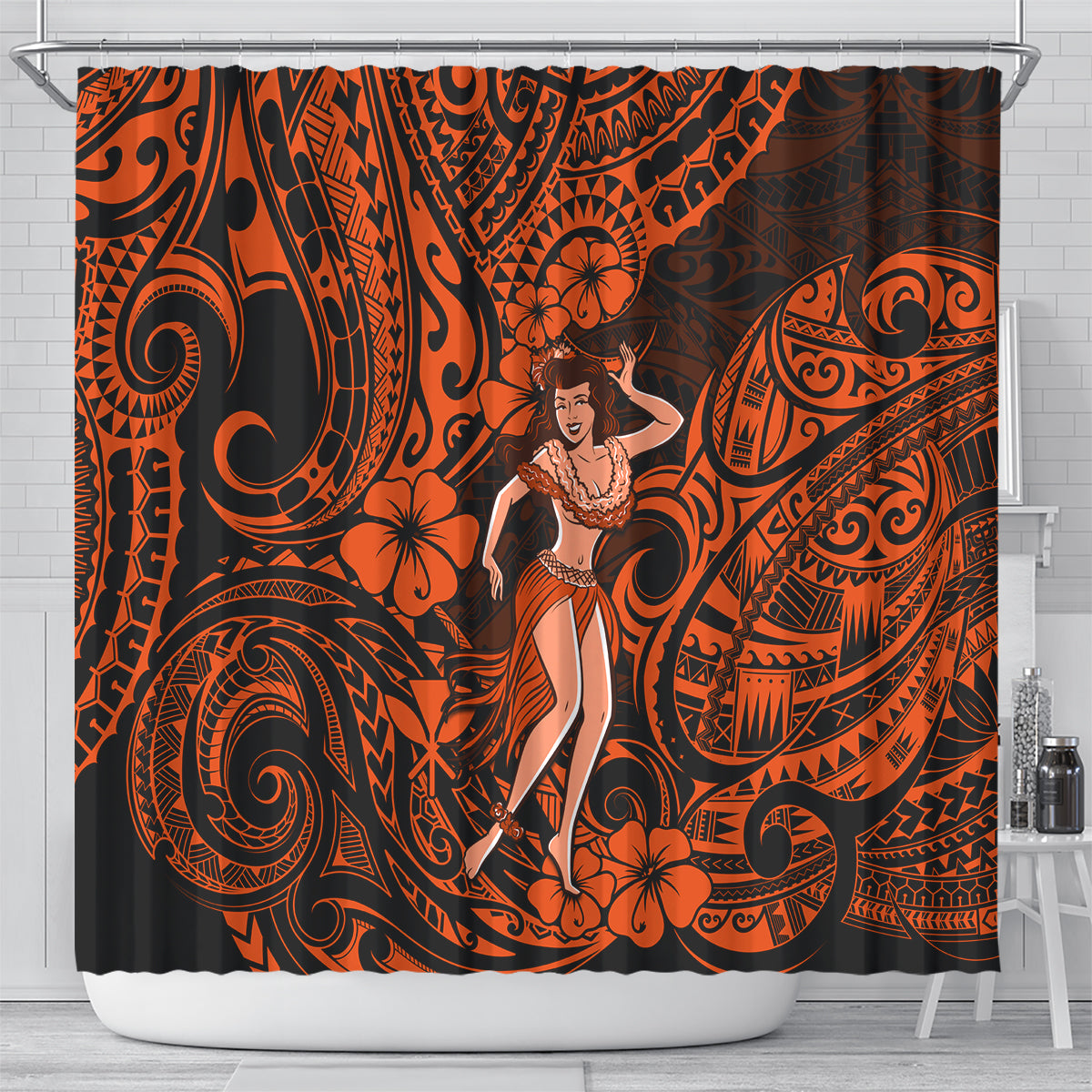 hawaii-hula-girl-shower-curtain-polynesian-pattern-orange-version