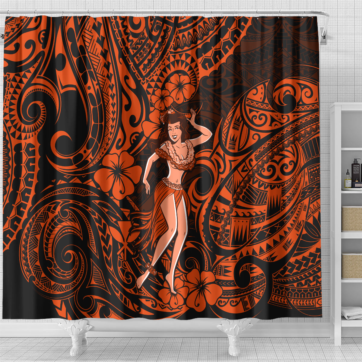 hawaii-hula-girl-shower-curtain-polynesian-pattern-orange-version