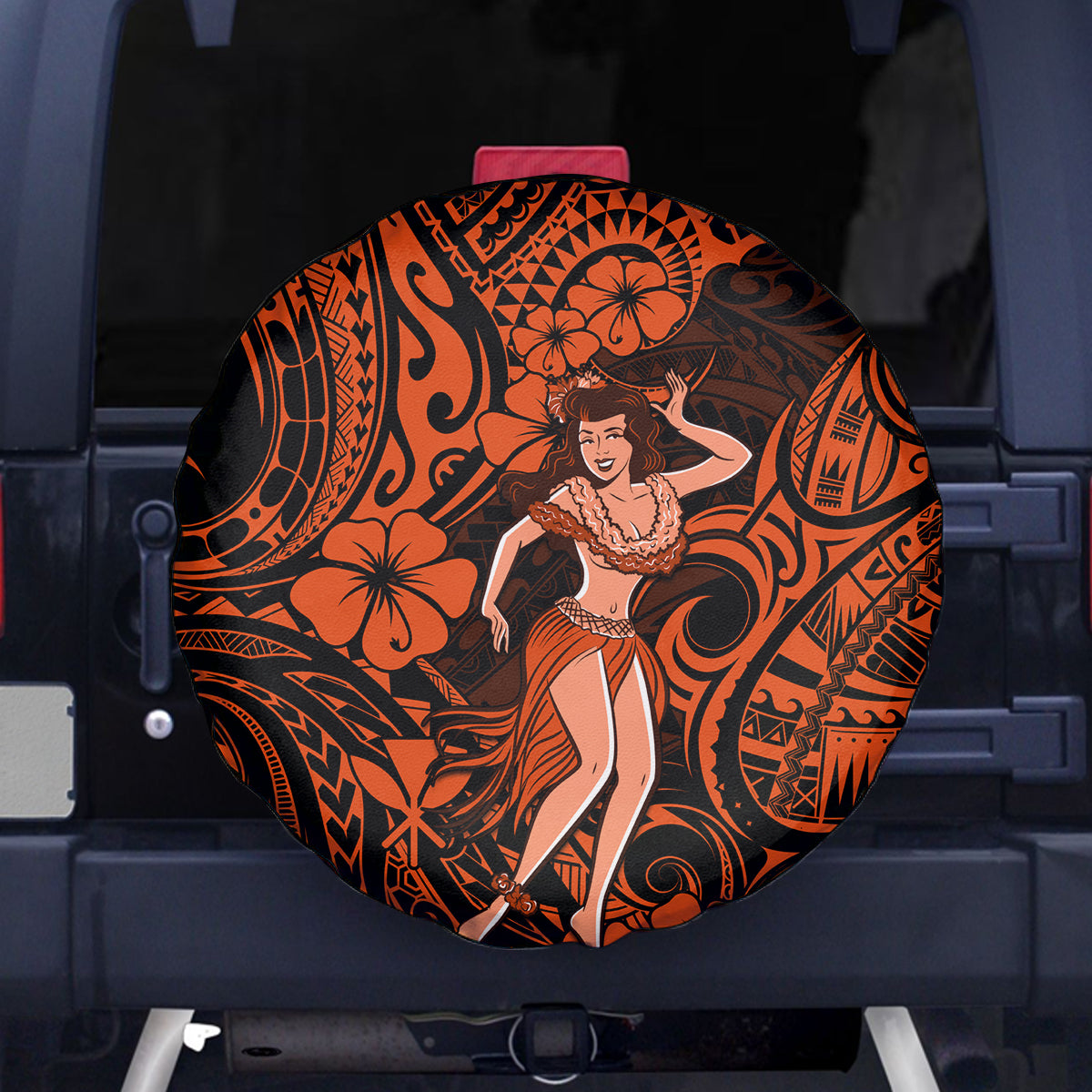 Hawaii Hula Girl Spare Tire Cover Polynesian Pattern Orange Version - Wonder Print Shop