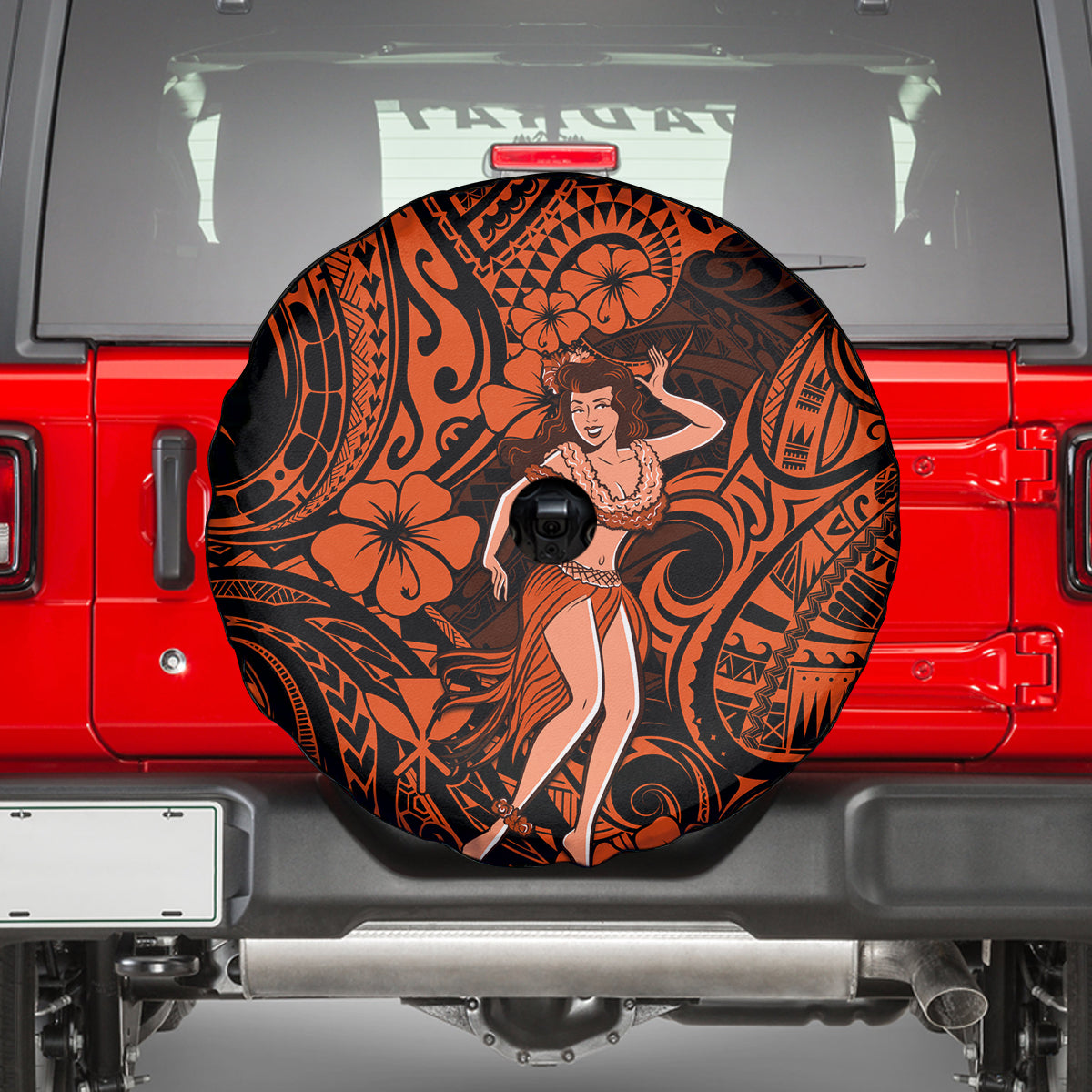 Hawaii Hula Girl Spare Tire Cover Polynesian Pattern Orange Version - Wonder Print Shop