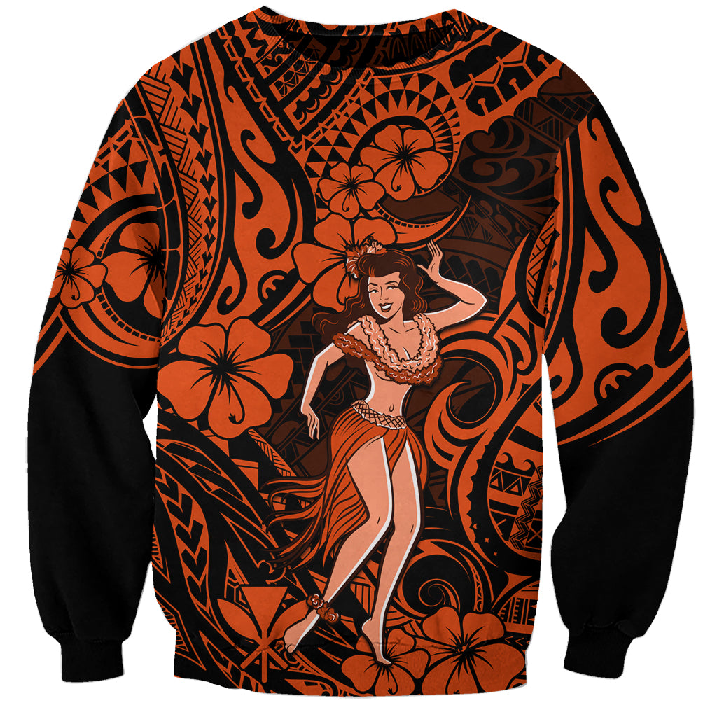 Hawaii Hula Girl Sweatshirt Polynesian Pattern Orange Version - Wonder Print Shop