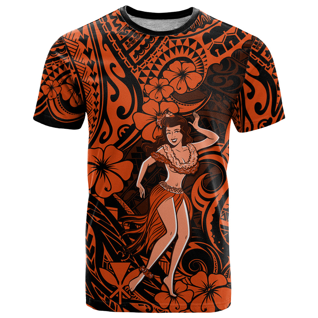 Hawaii Hula Girl T Shirt Polynesian Pattern Orange Version - Wonder Print Shop