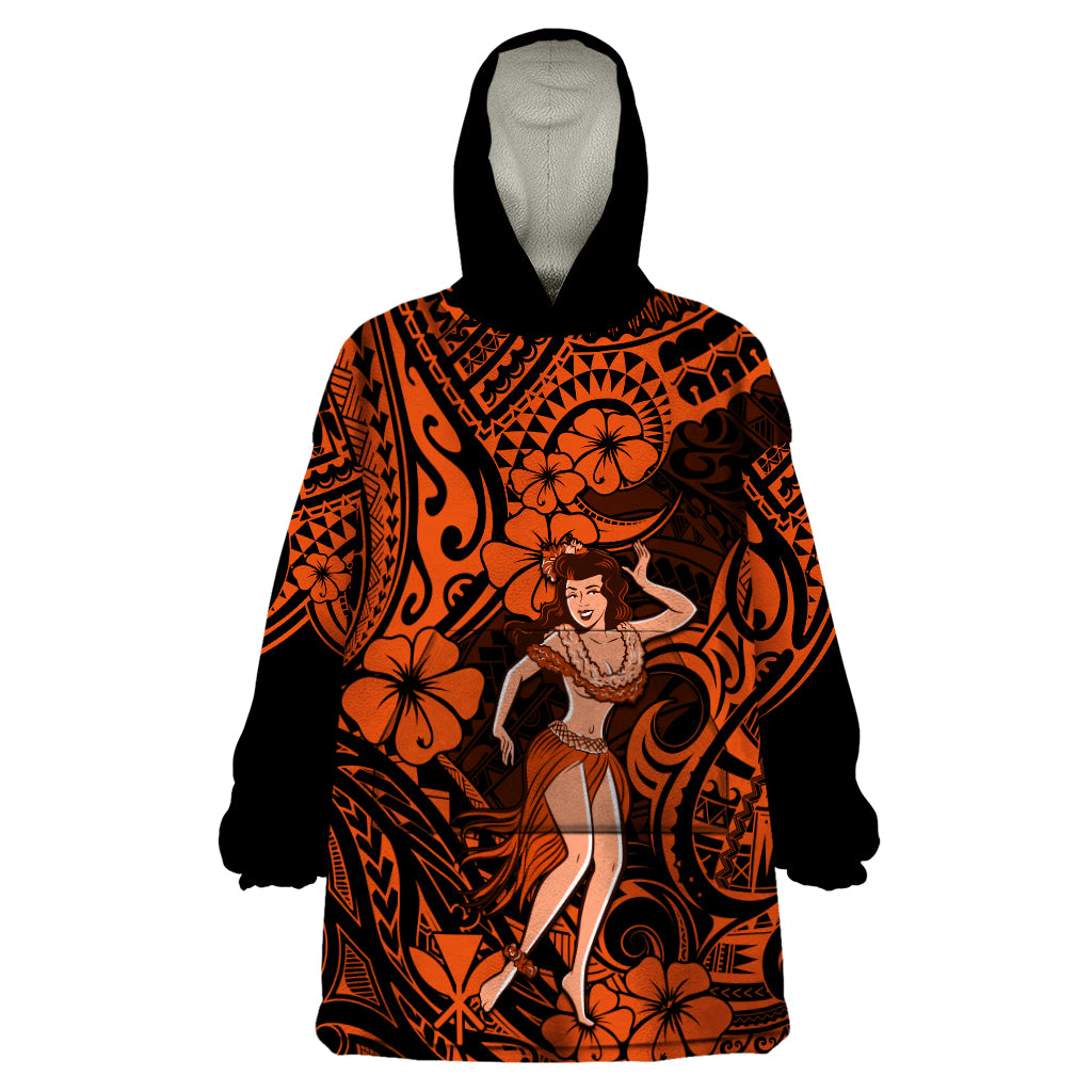 Hawaii Hula Girl Wearable Blanket Hoodie Polynesian Pattern Orange Version - Wonder Print Shop