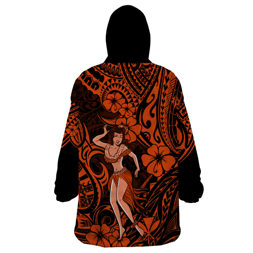 Hawaii Hula Girl Wearable Blanket Hoodie Polynesian Pattern Orange Version - Wonder Print Shop
