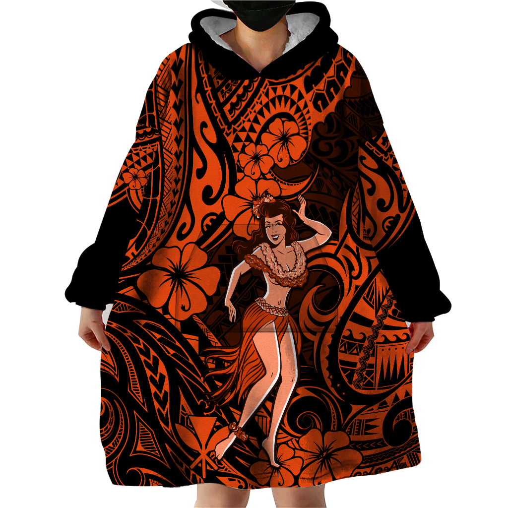 Hawaii Hula Girl Wearable Blanket Hoodie Polynesian Pattern Orange Version - Wonder Print Shop