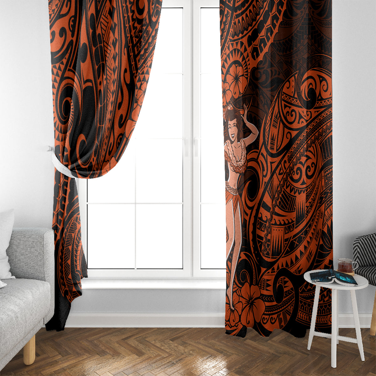 Hawaii Hula Girl Window Curtain Polynesian Pattern Orange Version - Wonder Print Shop