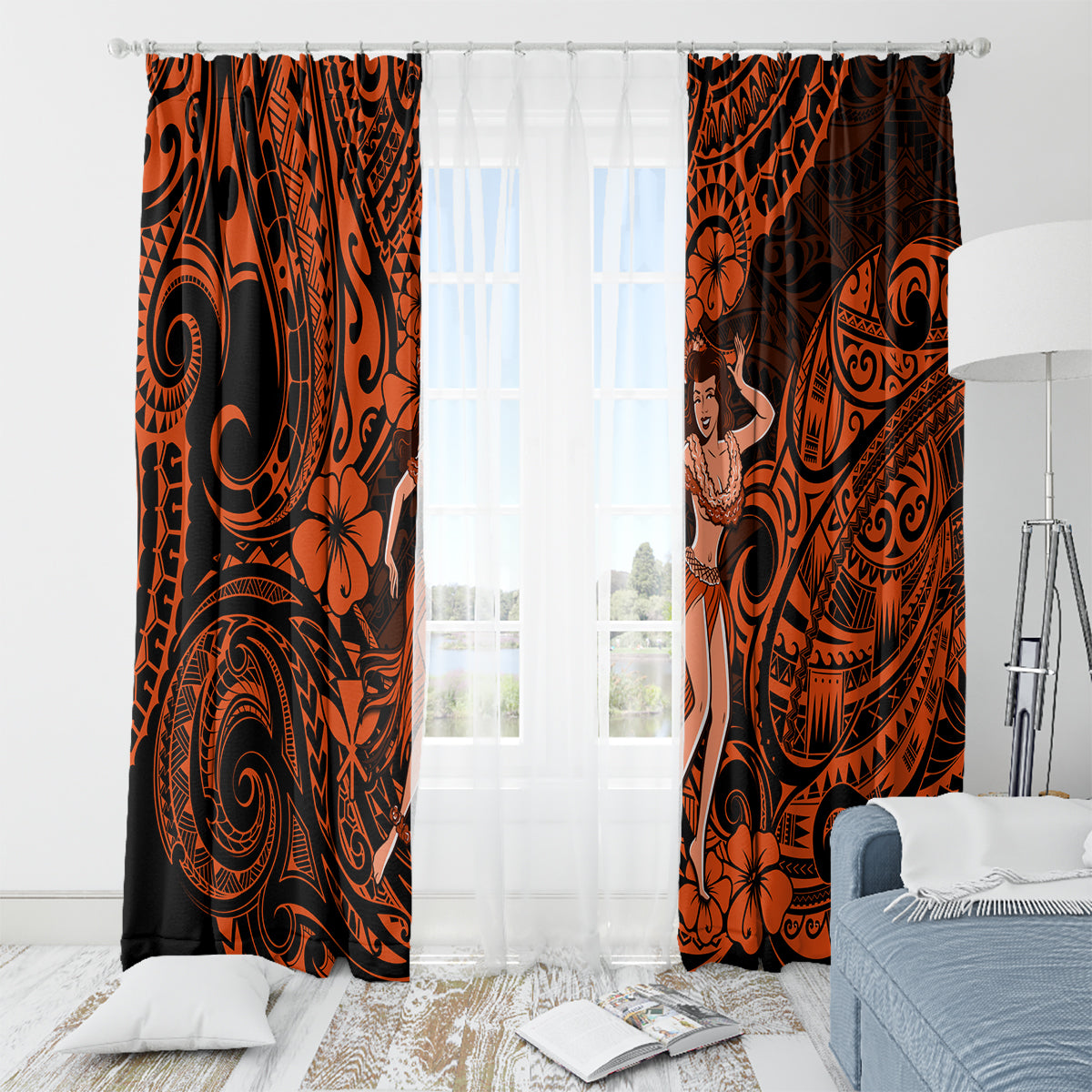 Hawaii Hula Girl Window Curtain Polynesian Pattern Orange Version - Wonder Print Shop