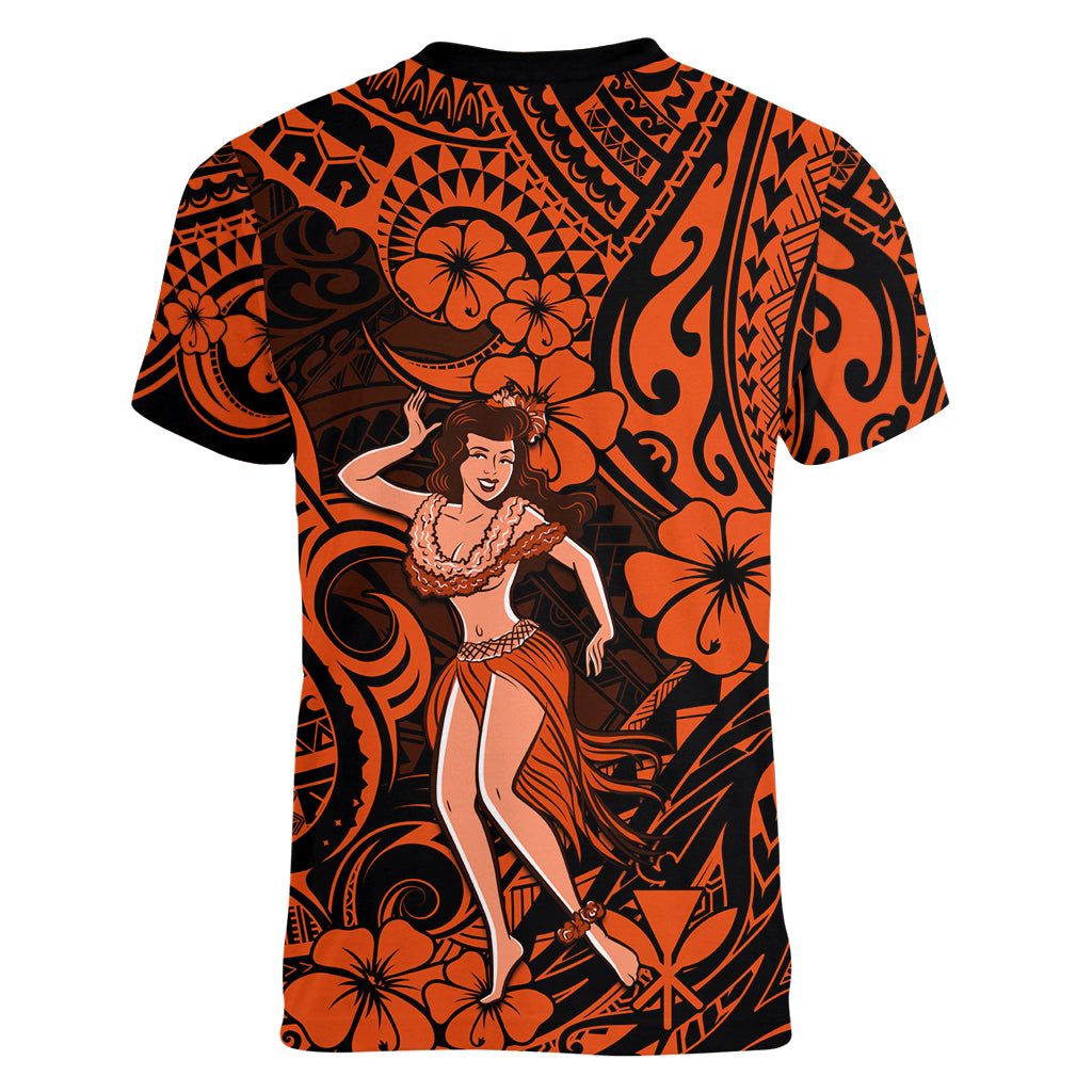 Hawaii Hula Girl Women V Neck T Shirt Polynesian Pattern Orange Version - Wonder Print Shop