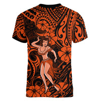 Hawaii Hula Girl Women V Neck T Shirt Polynesian Pattern Orange Version - Wonder Print Shop