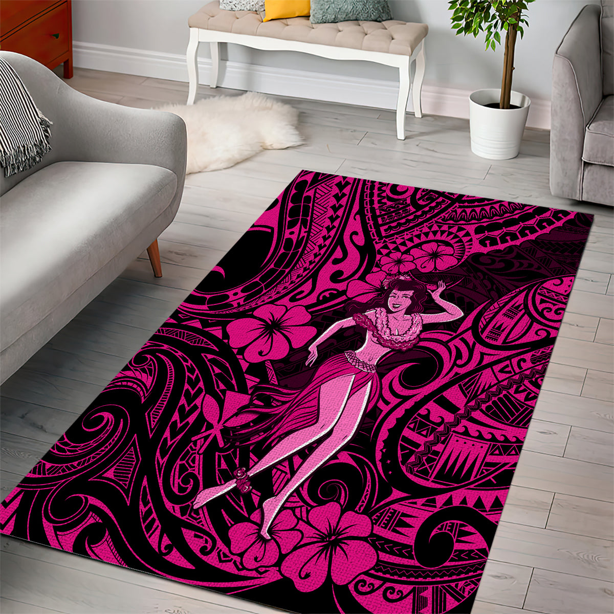 Hawaii Hula Girl Area Rug Polynesian Pattern Pink Version - Wonder Print Shop