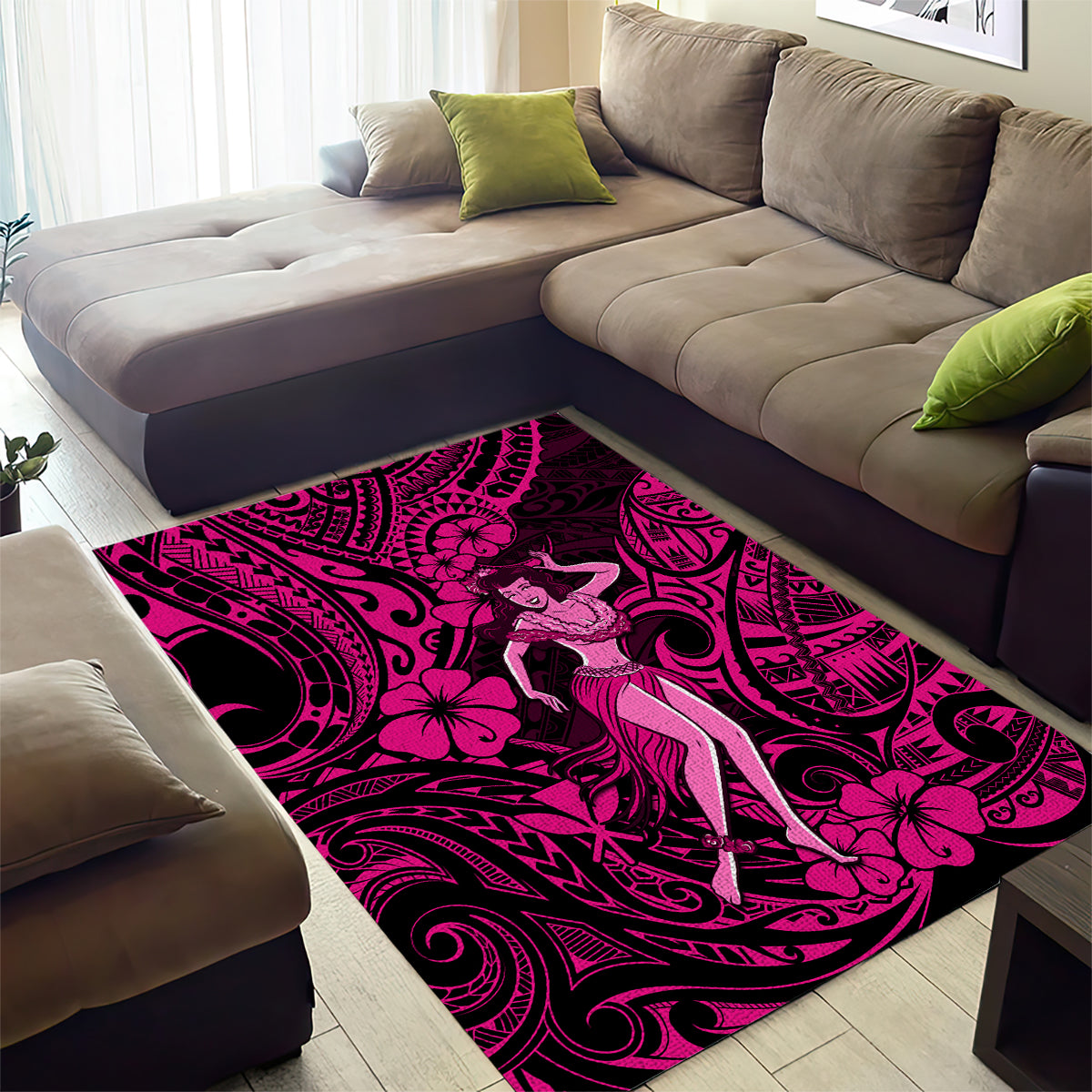 Hawaii Hula Girl Area Rug Polynesian Pattern Pink Version - Wonder Print Shop