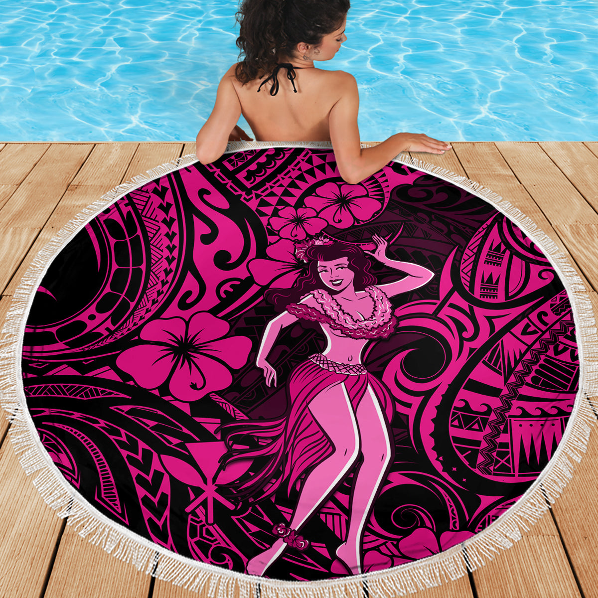 Hawaii Hula Girl Beach Blanket Polynesian Pattern Pink Version - Wonder Print Shop