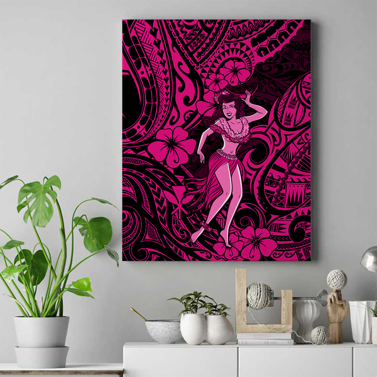 Hawaii Hula Girl Canvas Wall Art Polynesian Pattern Pink Version - Wonder Print Shop