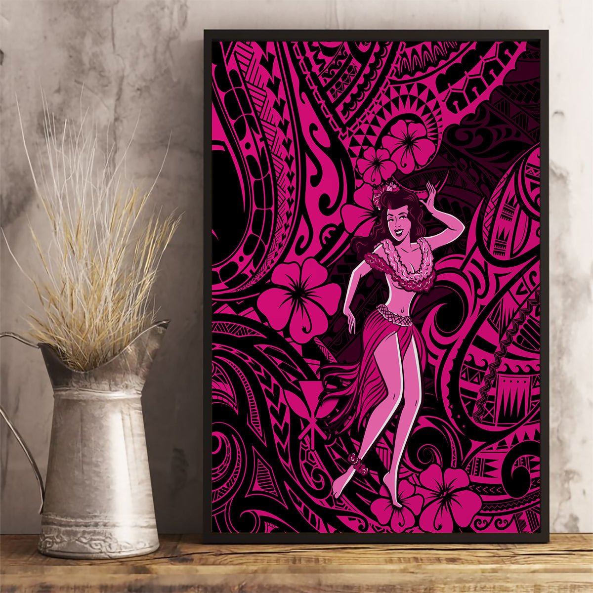 Hawaii Hula Girl Canvas Wall Art Polynesian Pattern Pink Version - Wonder Print Shop